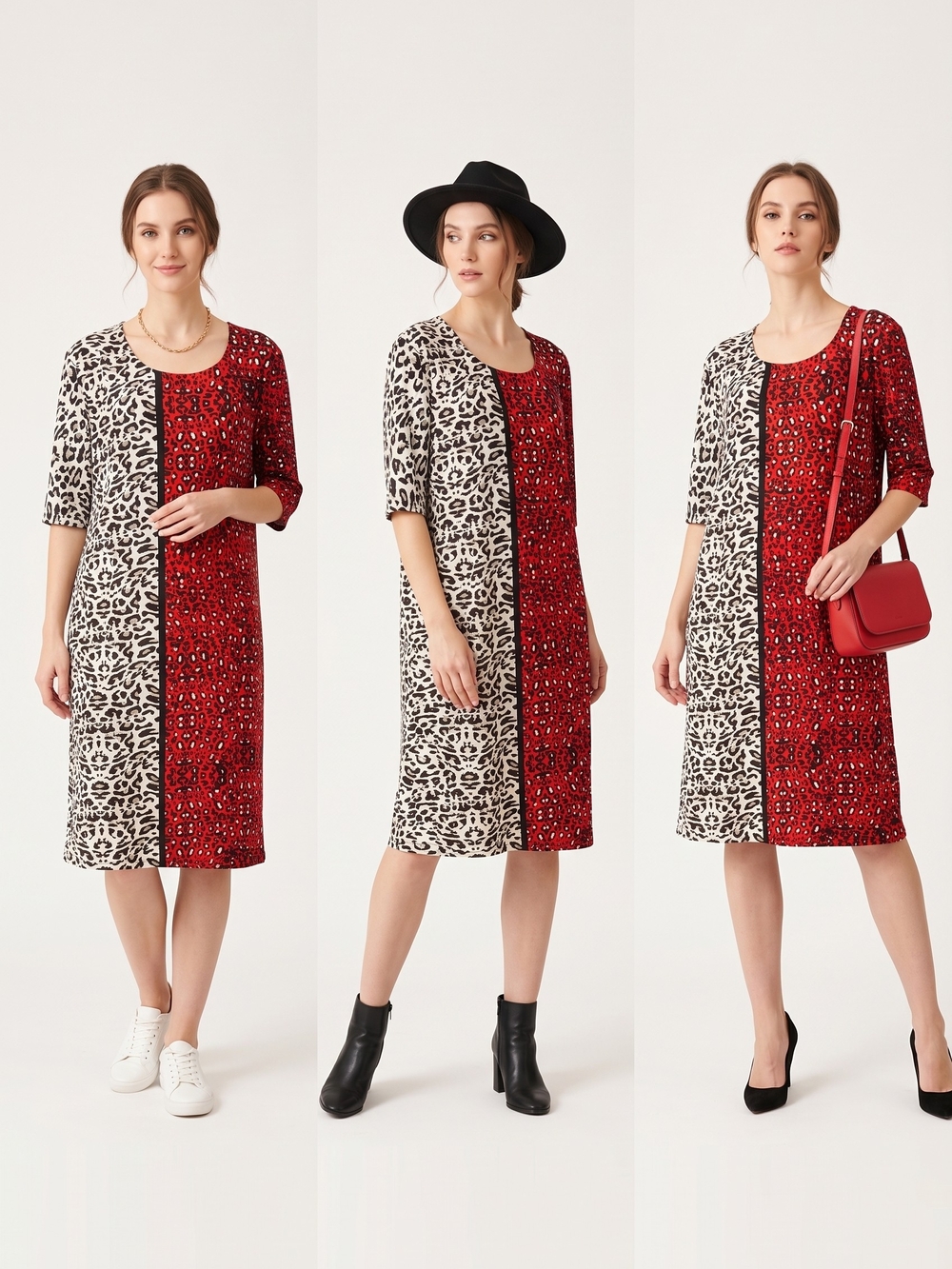 chic Red and Ivory Animal Split-Panel Midi Dress